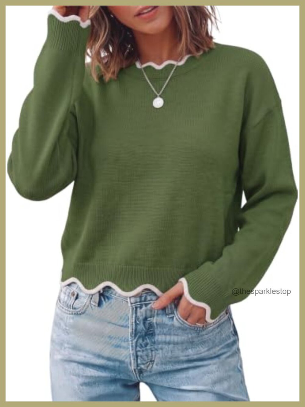 Womens Long Sleeve Scalloped Trim Loose Fit Pullover Sweater